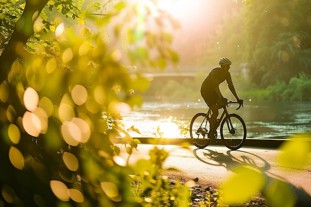 River cycling with DSLR capturing sporty morning scenery