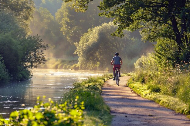 River cycling with DSLR capturing sporty morning scenery