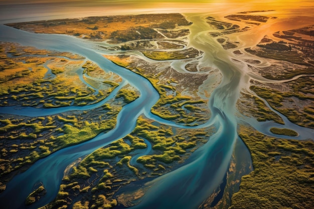 River delta meeting the ocean contrasting colors created with generative ai