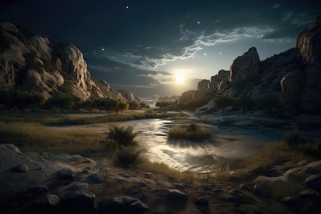 A river in the desert with the sun shining on the horizon.