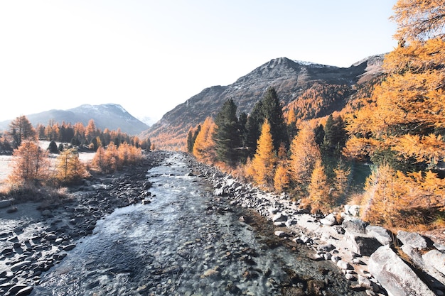 River in Engadine valley Switzerland flowing down from Morteratsch glacier. Slow motion