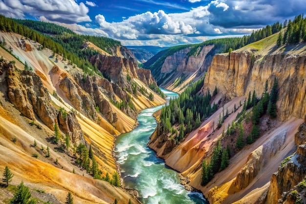 Photo river exploration hiking montana yellowstone river flowing through the majestic grand canyon of yellowstone with its deep canyons and colorful rock formations