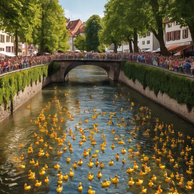 A river filled with many yellow ducks floating together