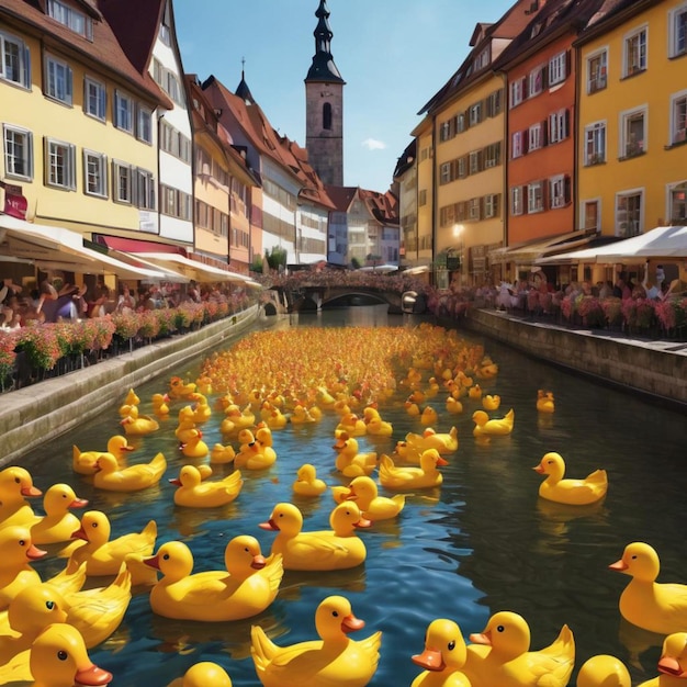 A river filled with many yellow ducks peacefully floating together