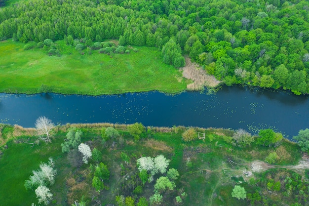 River flowing between green fields