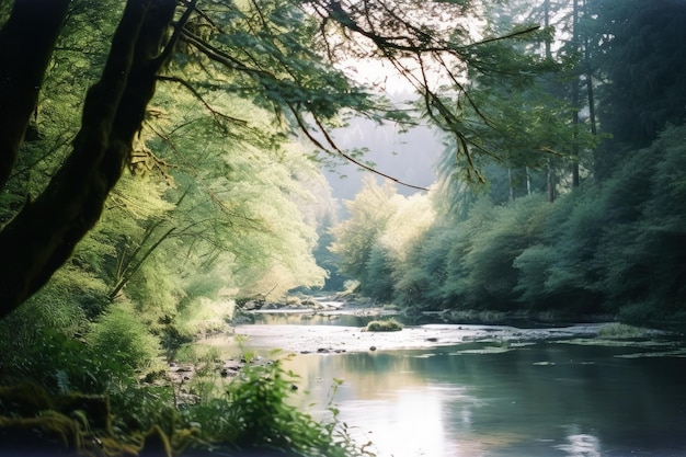 A river flows through a forest with trees and a sky background.