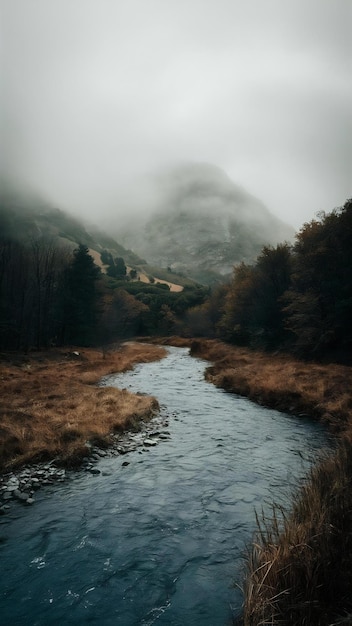 River in foggy mountns landscape