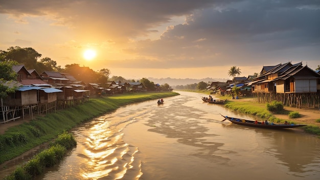 A river in the foreground with a village on the left bank The sun is setting behind the village ca