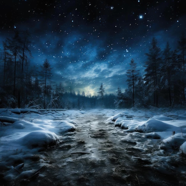 River forest and moonlit snow in a dreamlike style