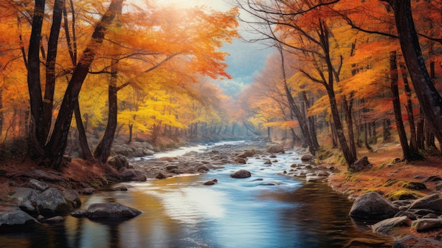 a river in the forest with autumn colors