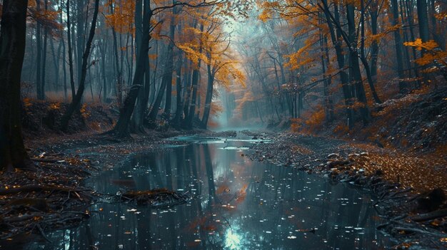 a river in the forest with a reflection of the sun