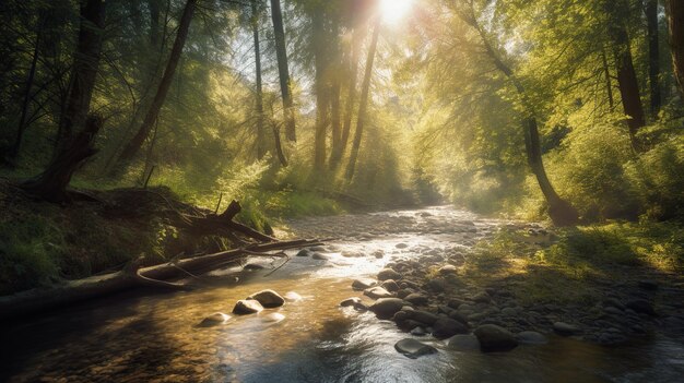 A river in the forest with the sun shining on it