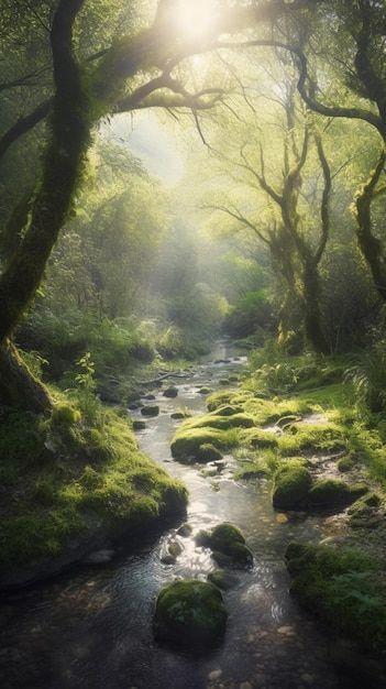 A river in the forest with the sun shining on it.