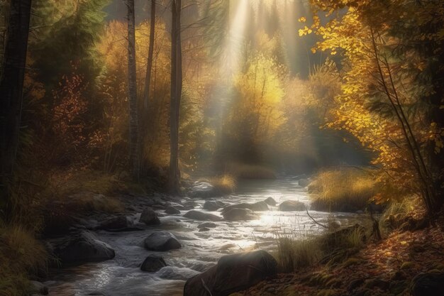 A river in the forest with the sun shining through the trees.