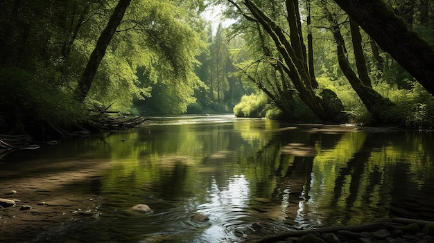 A river in the forest with trees and a green sky