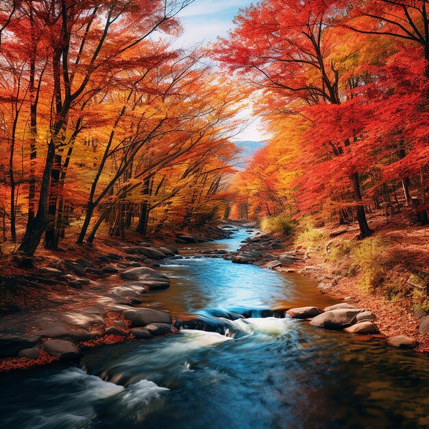 A river is framed by the fiery color of autumn leaves