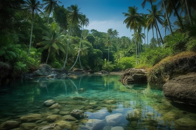 A river in the jungle with a blue water