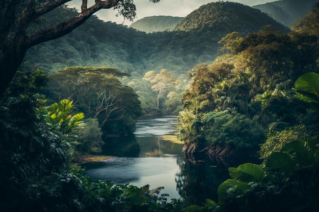 A river in the jungle with trees and mountains in the background