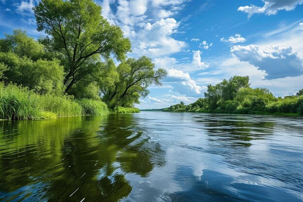 River landscape and green forest with trees blue water clouds on sky