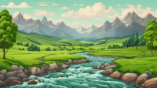 Photo river landscape illustration with view mountains green fields trees and forest surrounding the riv