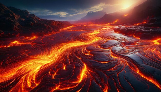 River of lava is flowing from a volcano eruption