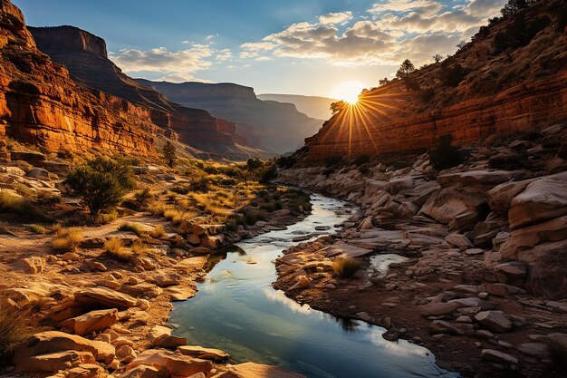 Photo river meandering through deep rugged canyons