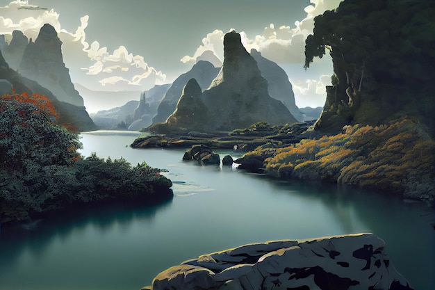 River and mountain landscape generated by artificial intelligence