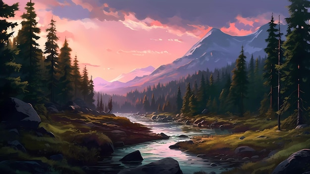 A river in a mountain landscape with a sunset in the background.