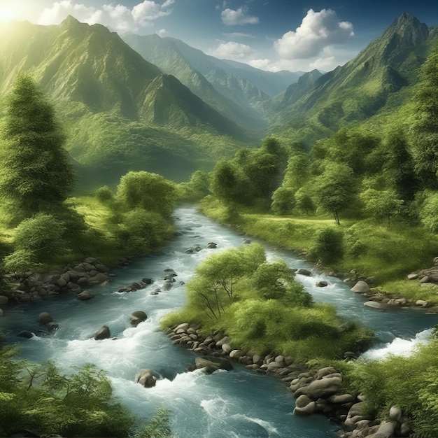 river in the mountains in the evening light 3 d rendering computer digital illustrationriver in t