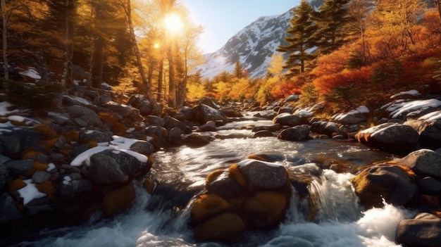 A river in the mountains with a colorful scene of autumn leaves