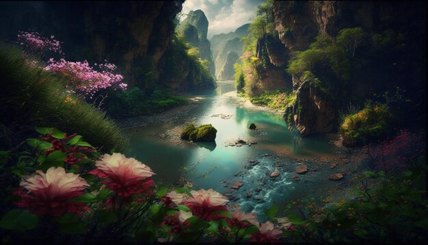 A river in the mountains with flowers and a picture of a mountain.