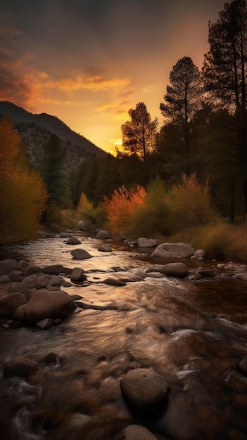 A river in the mountains with a golden sky and a sunset in the background.