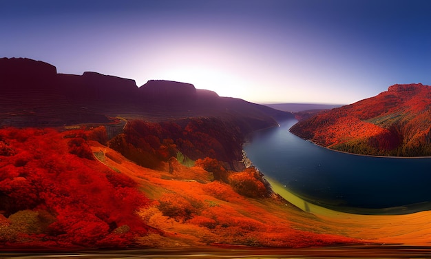 A river in the mountains with a red sky and a river in the foreground.