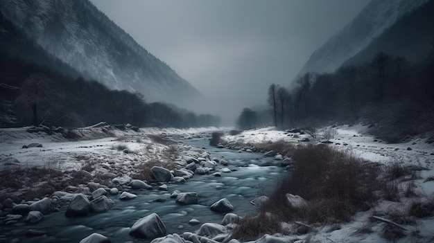 A river in the mountains with snow on the ground