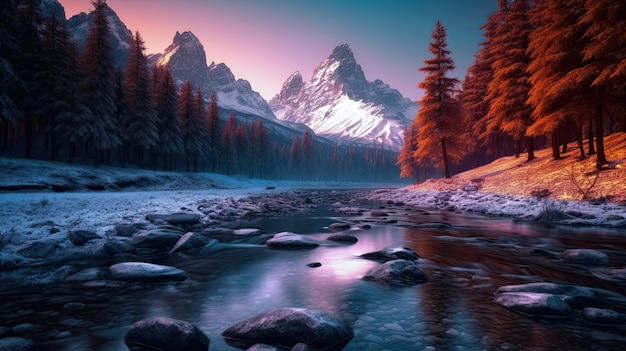 A river in the mountains with a snowy mountain in the background