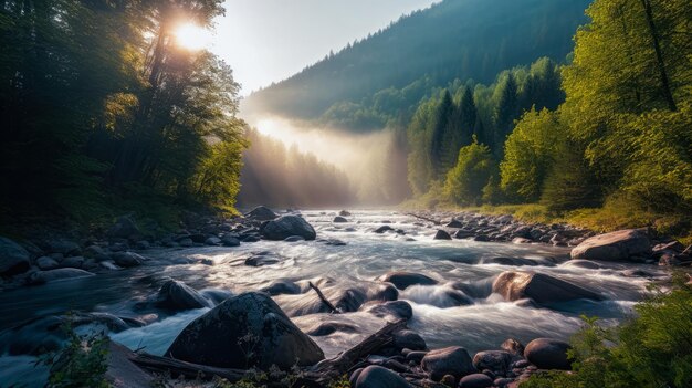 A river in the mountains with the sun shining on the horizon