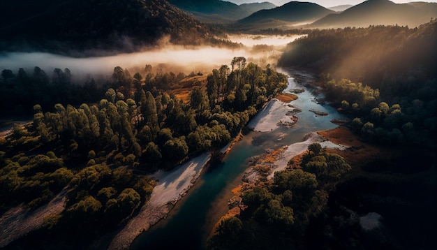 A river in the mountains with the sun shining on it