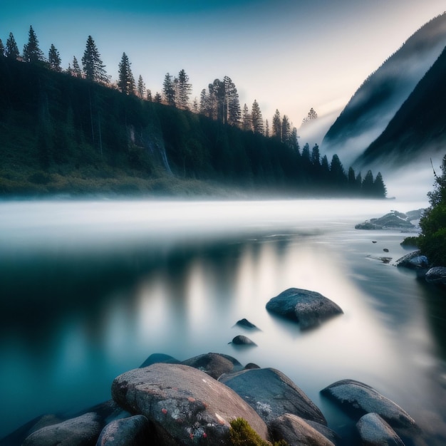 A river in the mountains with trees and fog