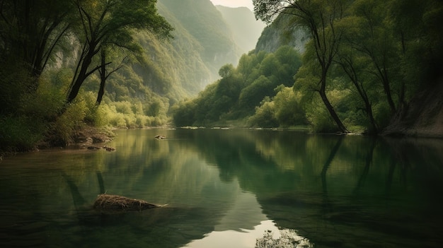 A river in the mountains with trees and mountains in the background