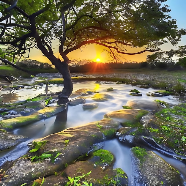 River natural water tree natural sunrise ai generated