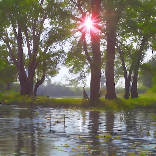 River natural water tree sunrise ai generated