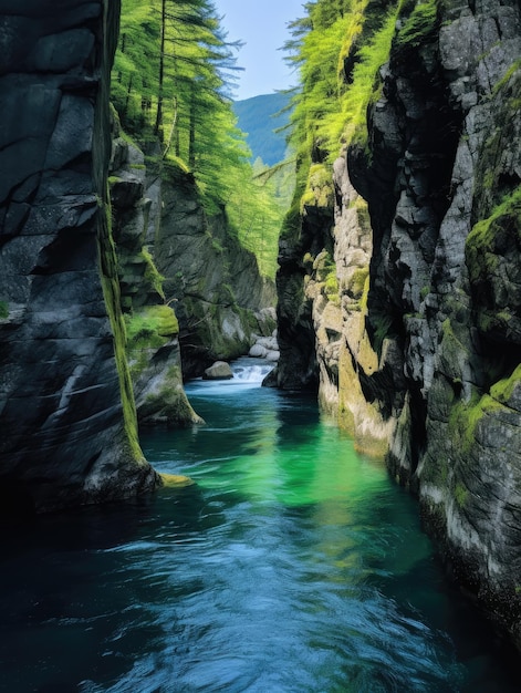 a river between rocks with trees