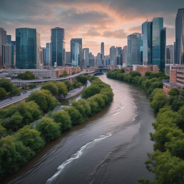 Photo a river running through a city next to tall buildings bulk