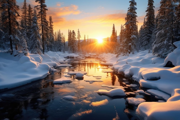 a river running through a forest covered in snow