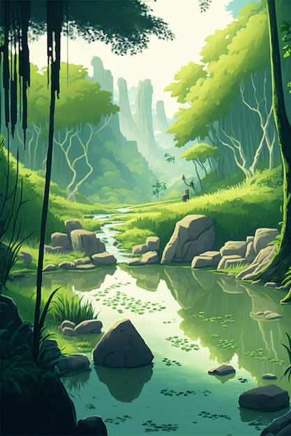 River running through a lush green forest filled with trees generative ai