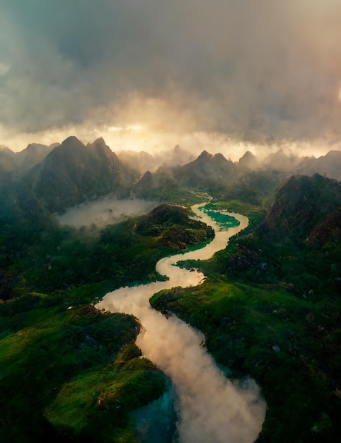 River running through a lush green valley generative ai