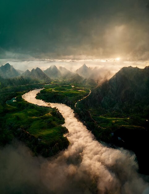 River running through a lush green valley generative ai