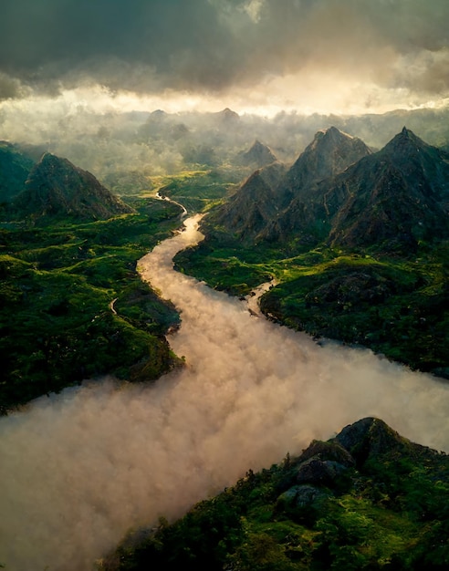 River running through a lush green valley generative ai