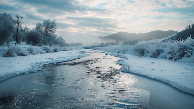 Photo a river running through a scene of ice and snow during the winter generative ai