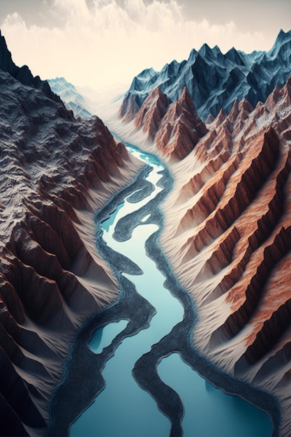 River running through a valley surrounded by mountains generative ai